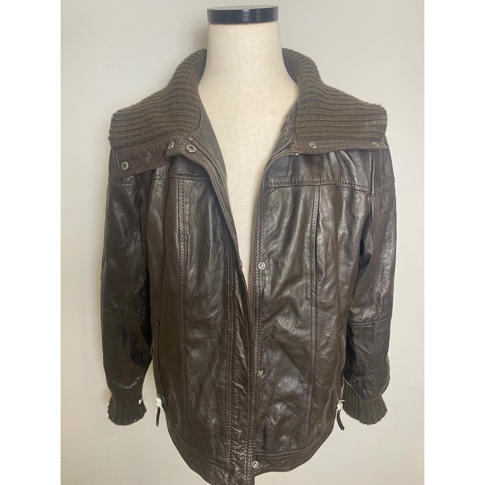 Eddie Bauer Mens XXL Brown Lamb Leather Jacket Knit Collar Full Zip Bomber